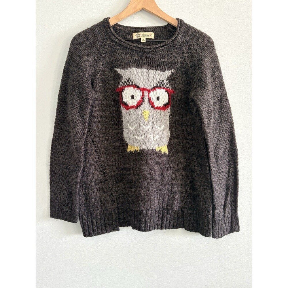 Democracy Sweater Owl Women's Size Medium Gray Rolled Neck Hi Low Hem